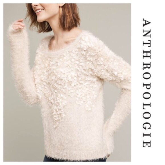 Anthropologie Moth Audrette Eyelash Sweater Pullover 3D Floral Applique Cream L - Picture 2 of 16